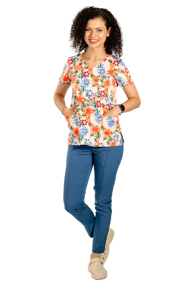 Costume de lucru pentru gradinite Flowers cu bluza imprimata si pantaloni stretch cu snur si elastic..