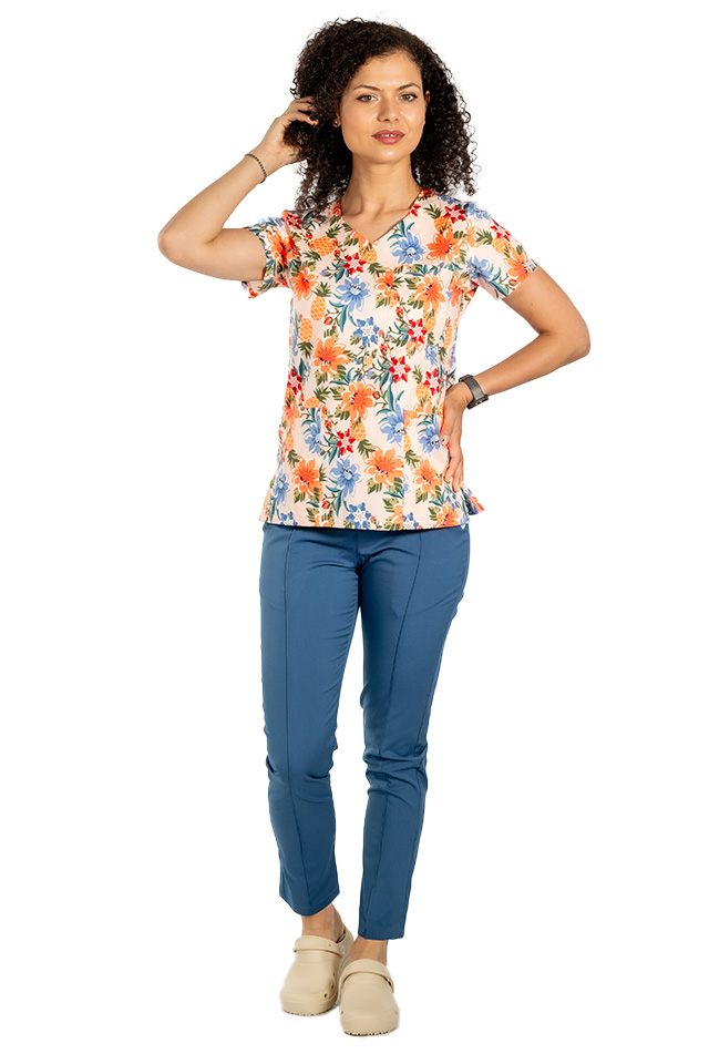 Costume de lucru pentru gradinite Flowers cu bluza imprimata si pantaloni stretch cu snur si elastic