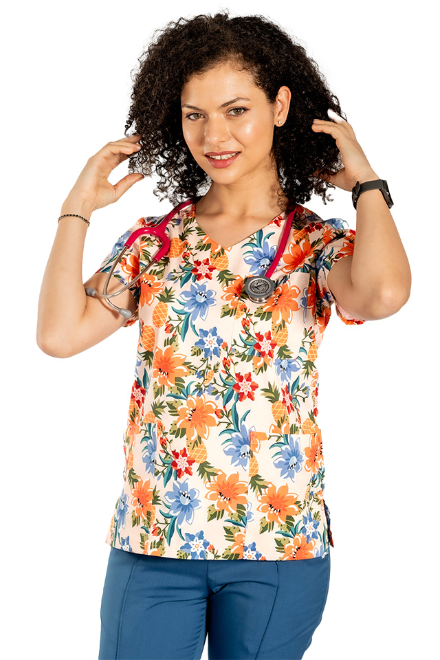 Costume de lucru pentru gradinite Flowers cu bluza imprimata si pantaloni stretch cu snur si elastic