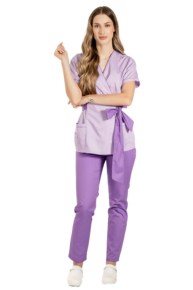 Halat de lucru pentru SPA model kimono lila cu paspol mov si cordon cu legare tip fundita