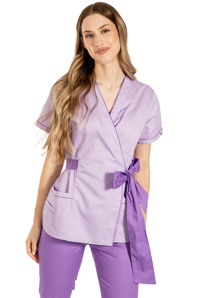 Halat de lucru pentru SPA model kimono lila cu paspol mov si cordon cu legare tip fundita