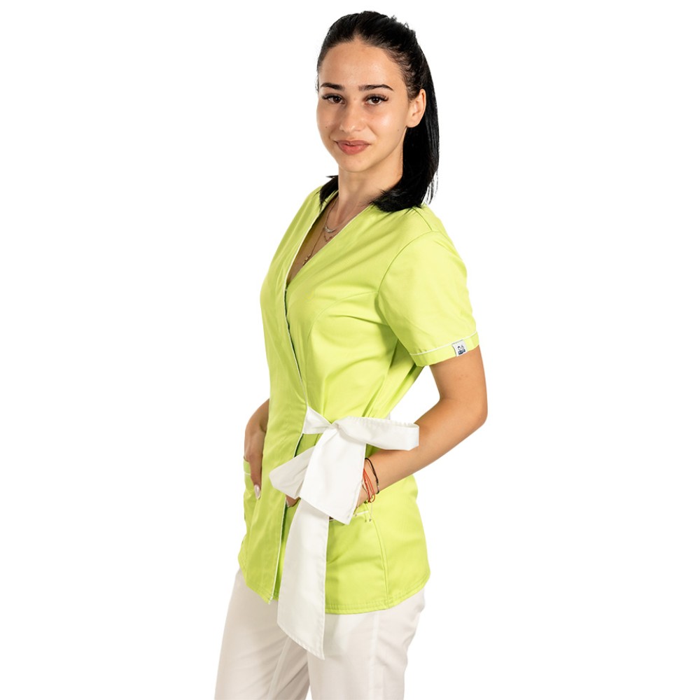 Halat de lucru pentru SPA model kimono lime cu paspol alb si cordon cu legare tip fundita