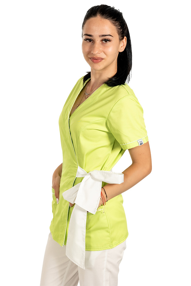 Halat de lucru pentru SPA model kimono lime cu paspol alb si cordon cu legare tip fundita