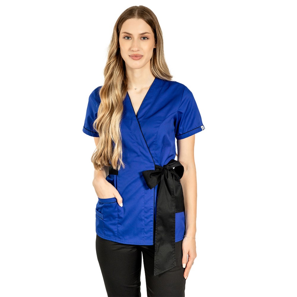 Halat de lucru pentru SPA model kimono albastru cu paspol negru si cordon cu legare tip fundita