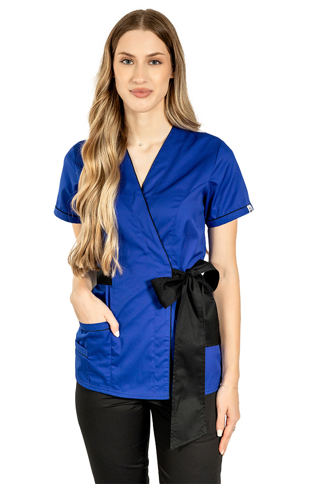 Halat de lucru pentru SPA model kimono albastru cu paspol negru si cordon cu legare tip fundita