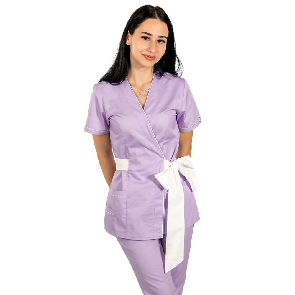 Halat de lucru pentru SPA model kimono,lila cu paspol alb si cordon cu legare tip fundita