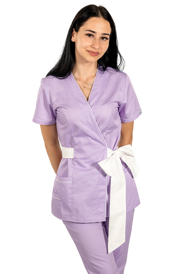 Halat de lucru pentru SPA model kimono,lila cu paspol alb si cordon cu legare tip fundita