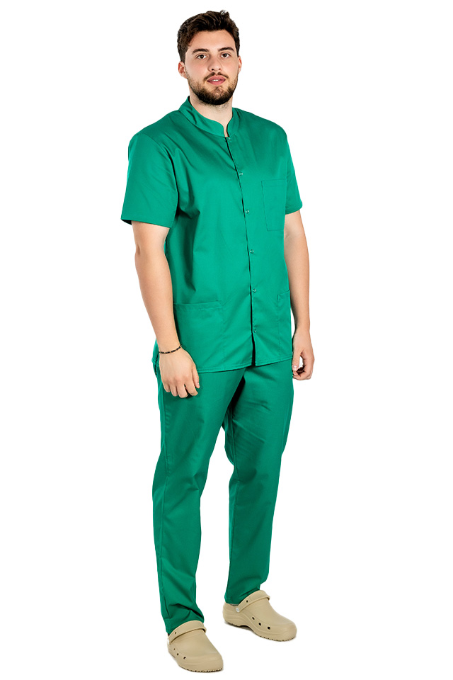 Halat de lucru verde chirurgical barbatesc cu guler tip tunica si trei buzunare