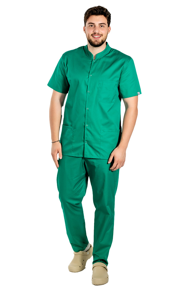 Halat de lucru verde chirurgical barbatesc cu guler tip tunica si trei buzunare