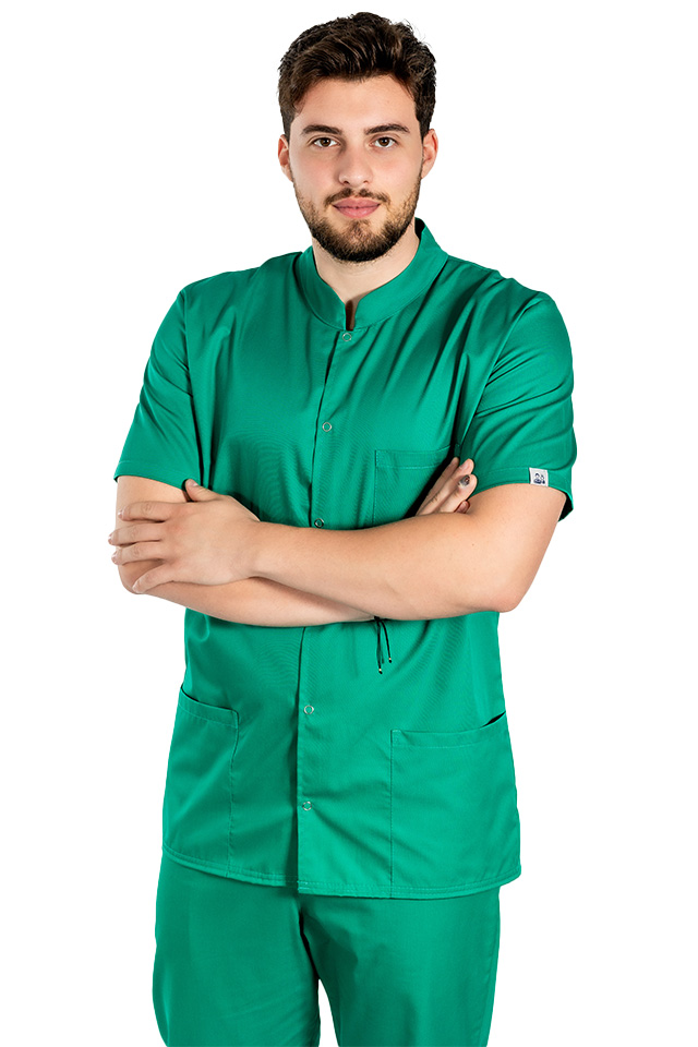 Halat de lucru verde chirurgical barbatesc cu guler tip tunica si trei buzunare