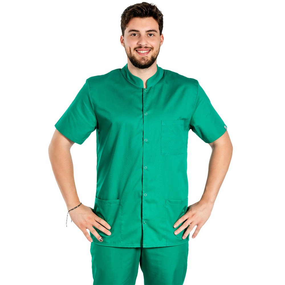 Halat de lucru verde chirurgical barbatesc cu guler tip tunica si trei buzunare