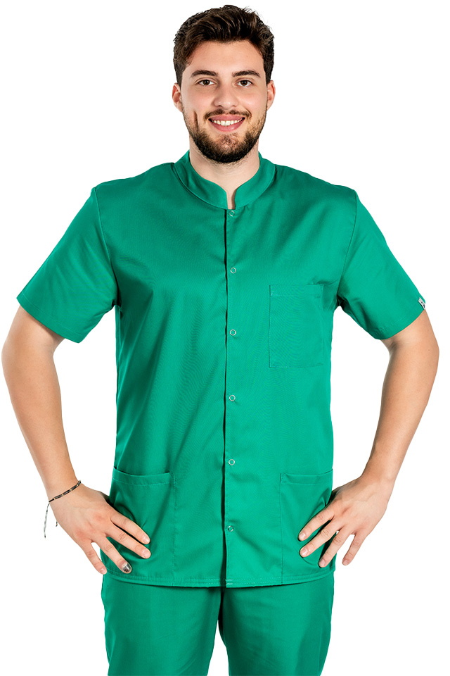 Halat de lucru verde chirurgical barbatesc cu guler tip tunica si trei buzunare