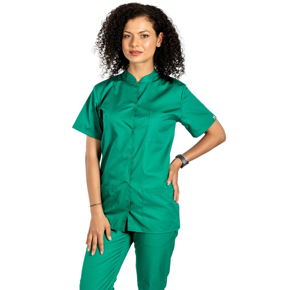 Tunica bucatar dama, verde, cu maneca scurta, inchidere cu capse simpla