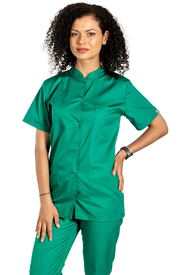 Tunica bucatar dama, verde, cu maneca scurta, inchidere cu capse simpla