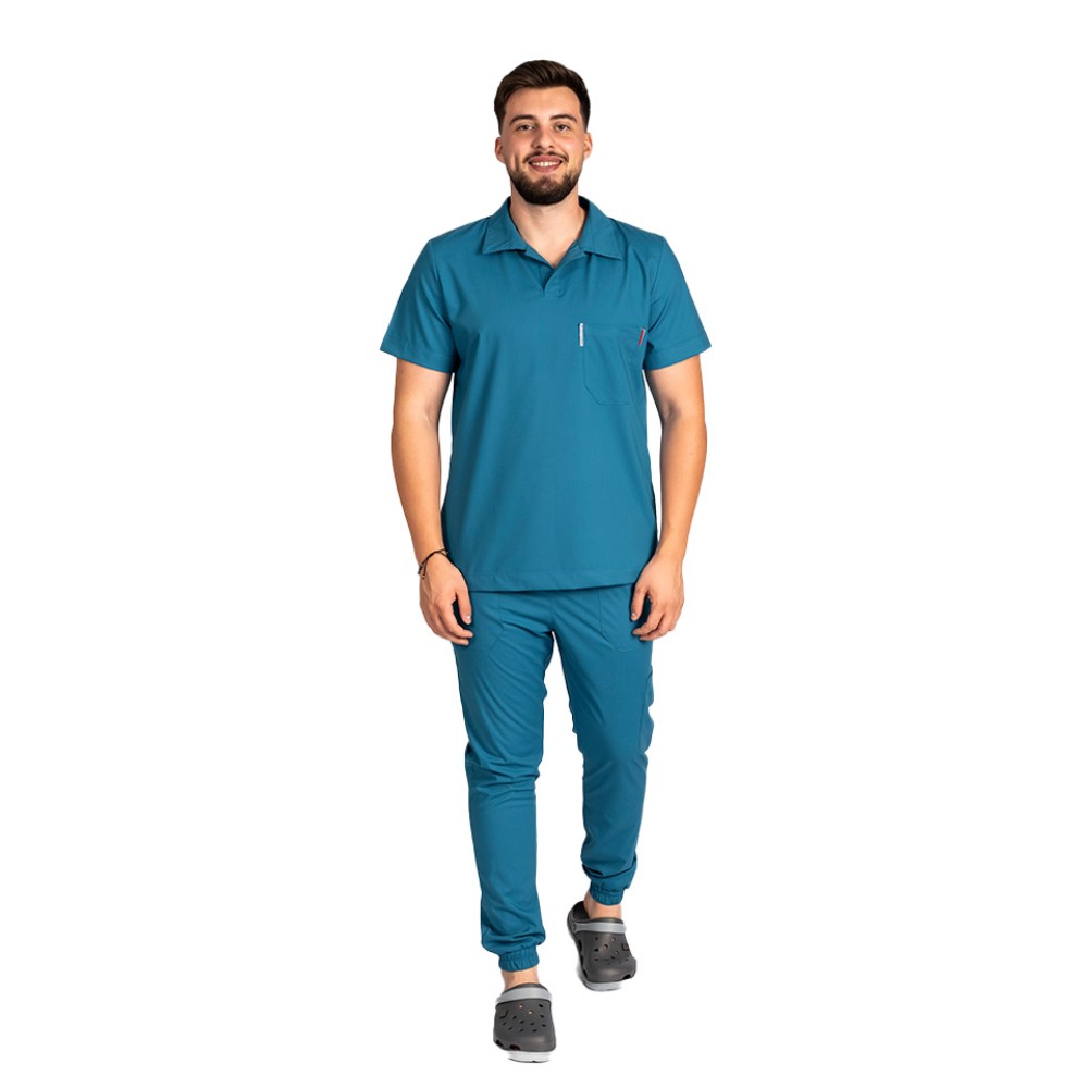 Costum de lucru cu elastan polo barbati aqua, cu bluza in V si pantaloni tip jogger, cu snur si elastic