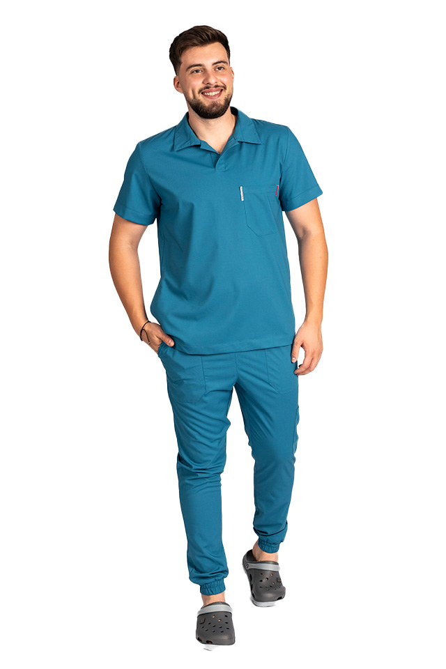 Costum de lucru cu elastan polo barbati aqua, cu bluza in V si pantaloni tip jogger, cu snur si elastic