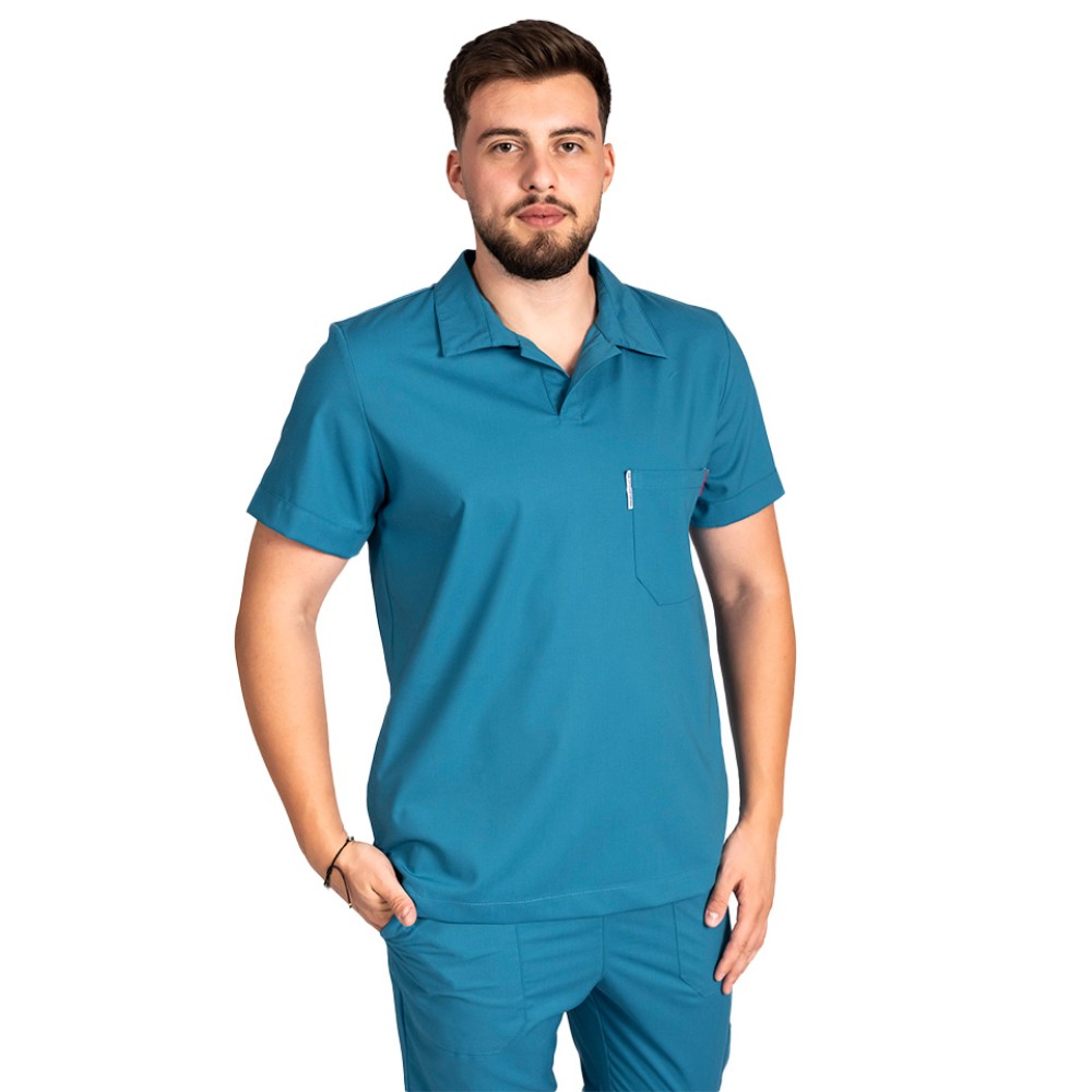 Costum de lucru cu elastan polo barbati aqua, cu bluza in V si pantaloni tip jogger, cu snur si elastic