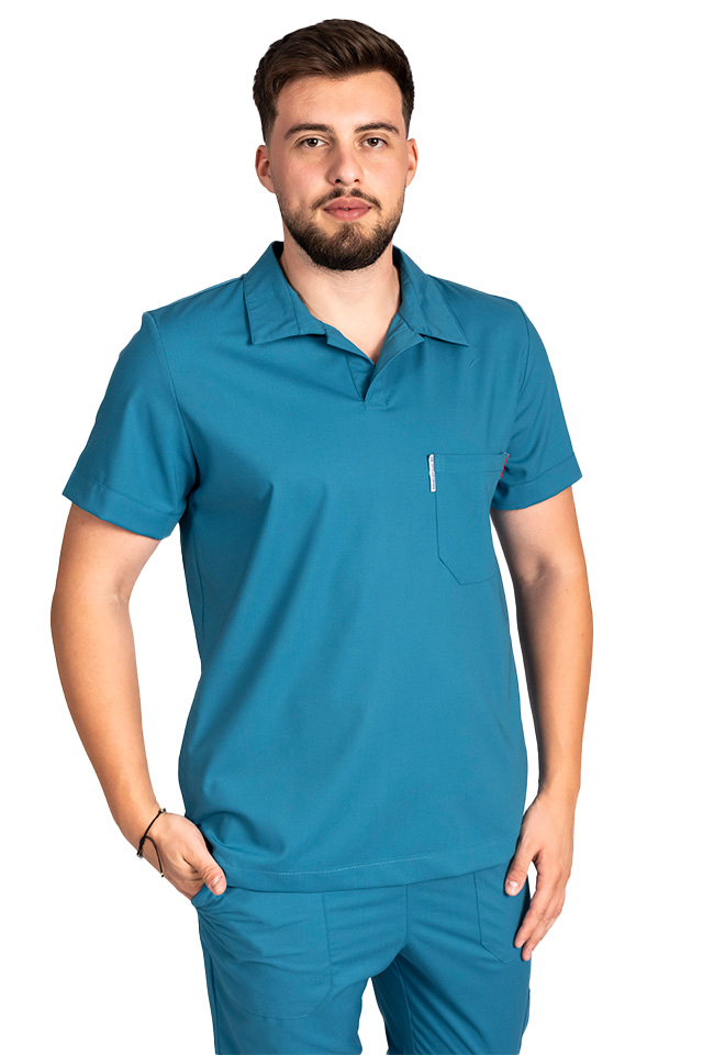 Costum de lucru cu elastan polo barbati aqua, cu bluza in V si pantaloni tip jogger, cu snur si elastic