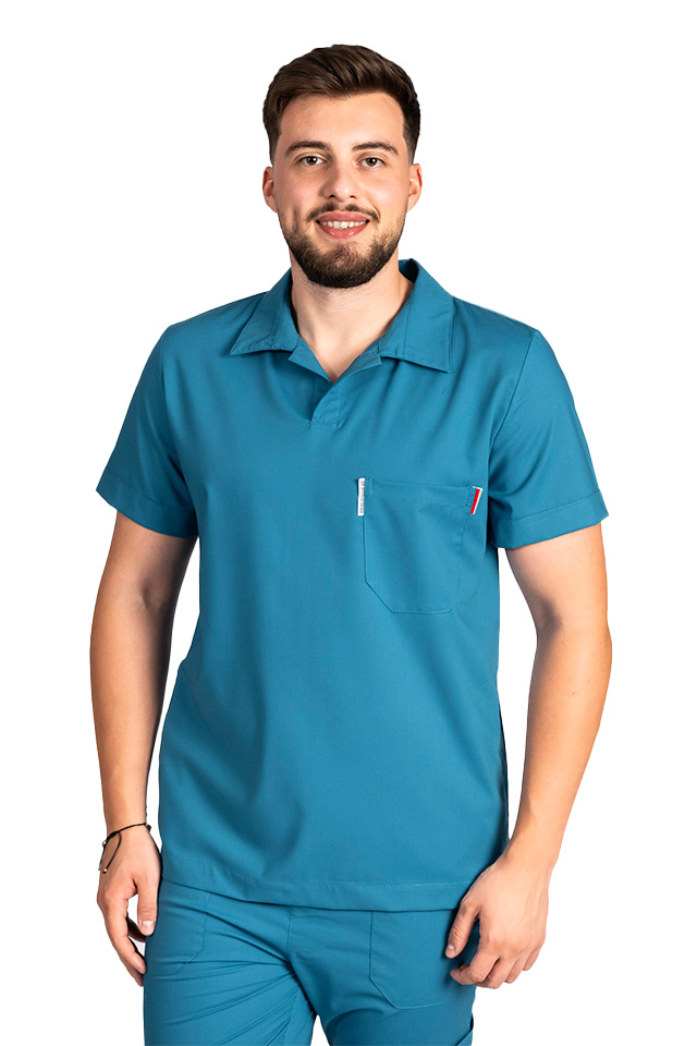 Costum de lucru cu elastan polo barbati aqua, cu bluza in V si pantaloni tip jogger, cu snur si elastic