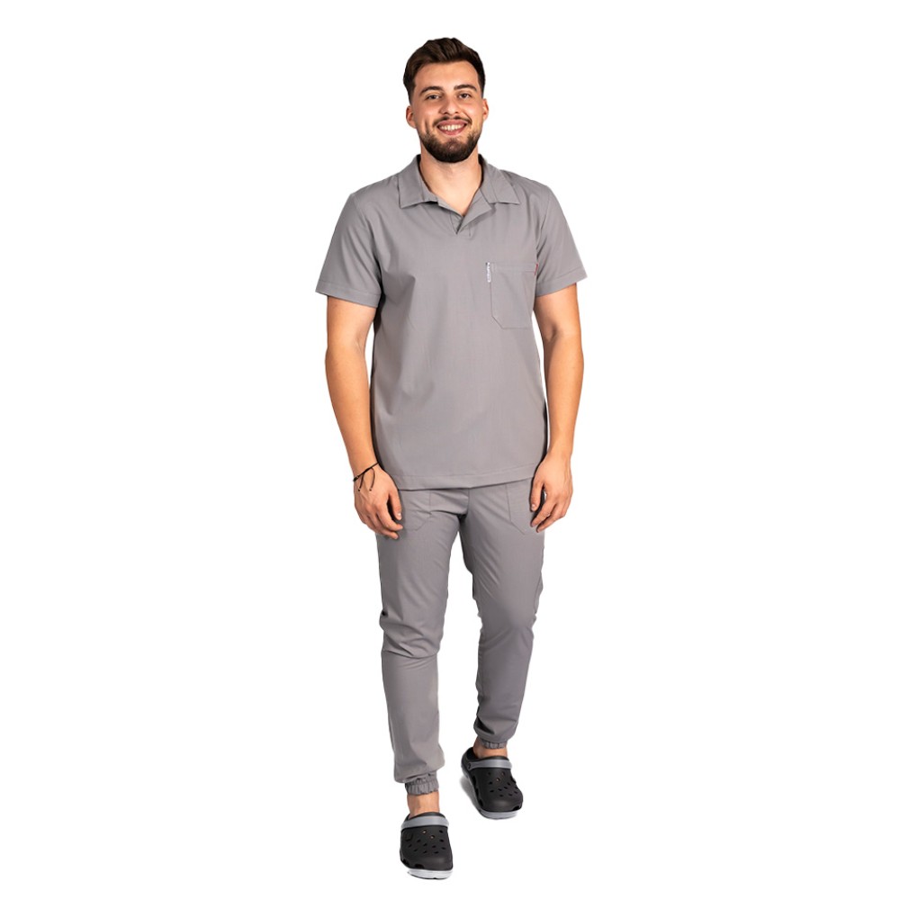 Costum de lucru cu elastan polo barbati gri, cu bluza in V si pantaloni tip jogger, cu snur si elastic