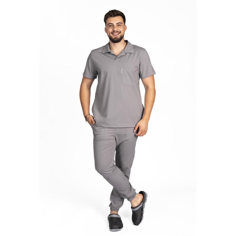 Costum de lucru cu elastan polo barbati gri, cu bluza in V si pantaloni tip jogger, cu snur si elastic