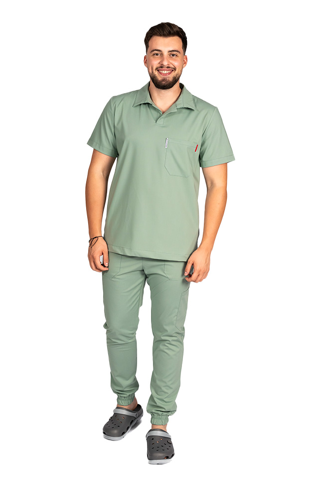 Costum de lucru cu elastan polo barbati olive, cu bluza in V si pantaloni tip jogger, cu snur si elastic