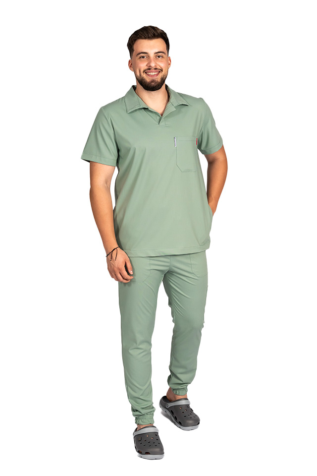 Costum de lucru cu elastan polo barbati olive, cu bluza in V si pantaloni tip jogger, cu snur si elastic
