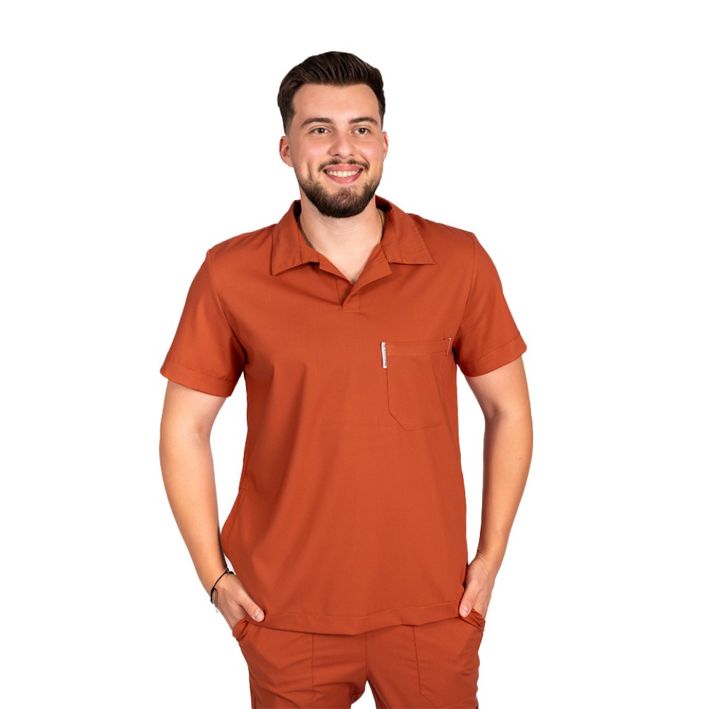 Costum de lucru cu elastan polo barbati caramel, cu bluza in V si pantaloni tip jogger, cu snur si elastic