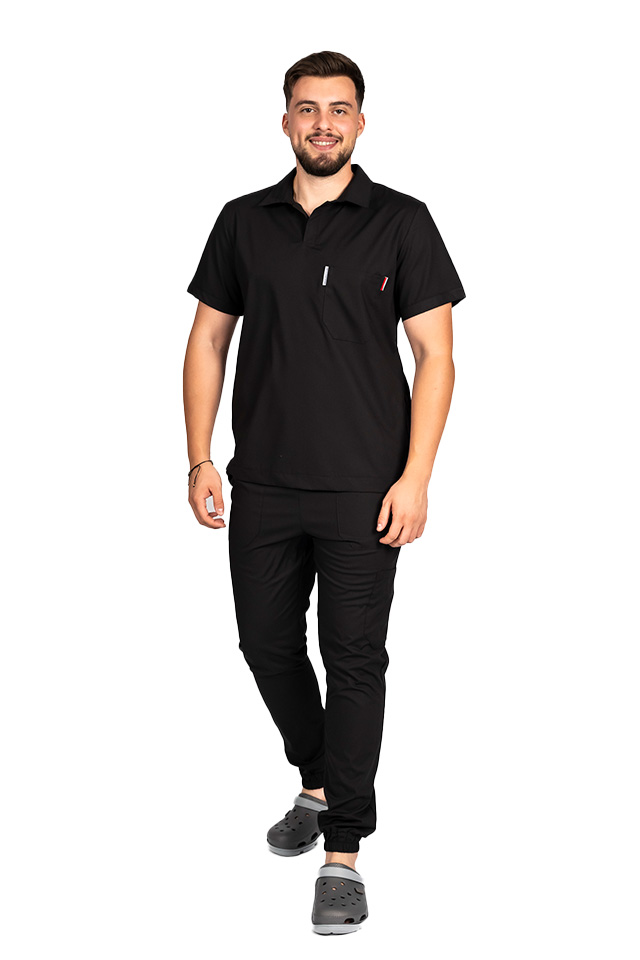 Costum de lucru cu elastan polo barbati negru, cu bluza in V si pantaloni tip jogger, cu snur si elastic