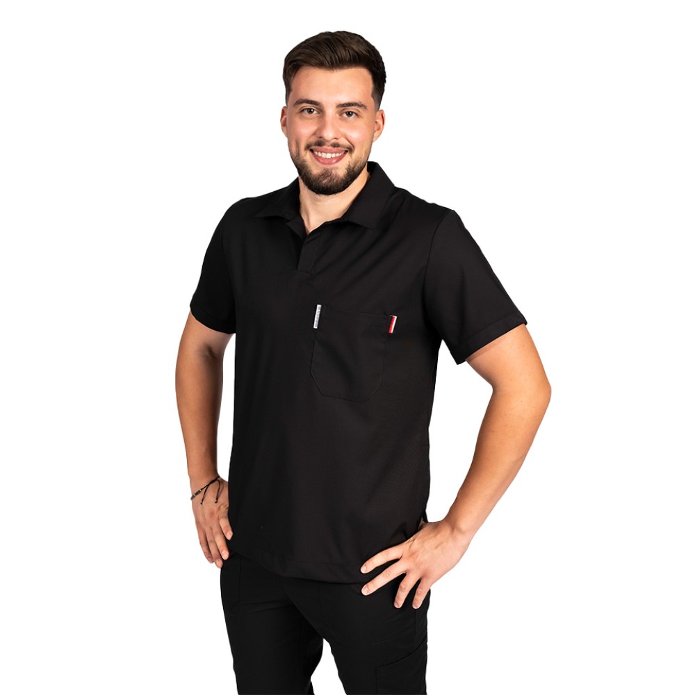 Costum de lucru cu elastan polo barbati negru, cu bluza in V si pantaloni tip jogger, cu snur si elastic