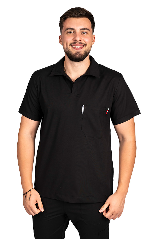 Costum de lucru cu elastan polo barbati negru, cu bluza in V si pantaloni tip jogger, cu snur si elastic