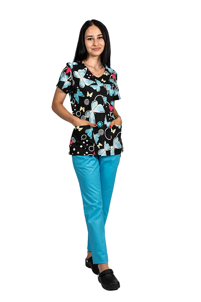 Costume de lucru pentru gradinite Blackbutterfly cu bluza imprimata si pantaloni stretch cu snur si elastic