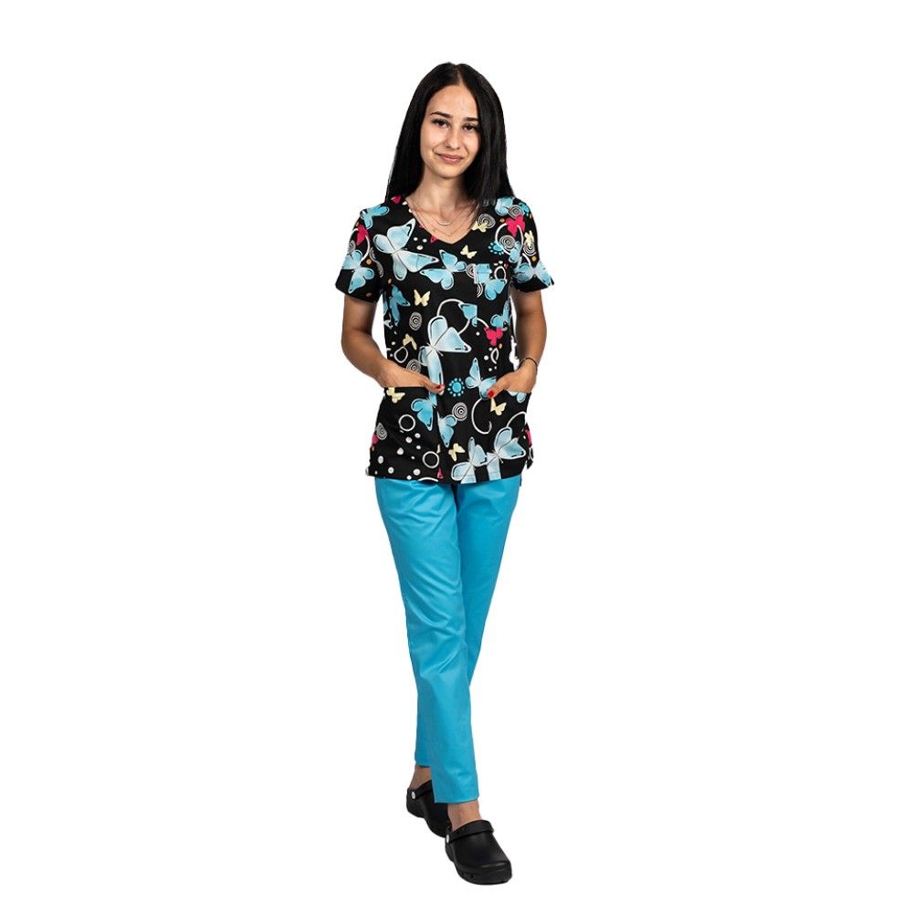 Costume de lucru pentru gradinite Blackbutterfly cu bluza imprimata si pantaloni stretch cu snur si elastic