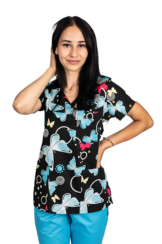 Costume de lucru pentru gradinite Blackbutterfly cu bluza imprimata si pantaloni stretch cu snur si elastic