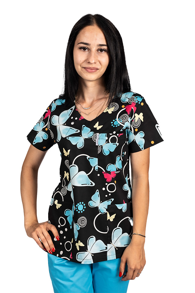 Costume de lucru pentru gradinite Blackbutterfly cu bluza imprimata si pantaloni stretch cu snur si elastic