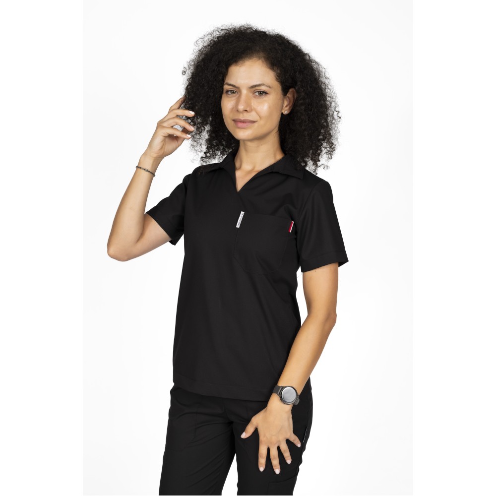 Costum de lucru cu elastan dama model polo negru, cu bluza in V si pantaloni tip jogger, cu snur si elastic