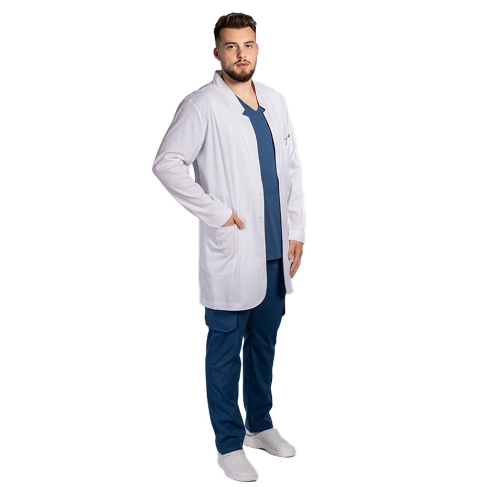 Halat de laborator alb tip sacou,model barbatesc, cu trei buzunare si maneca lunga