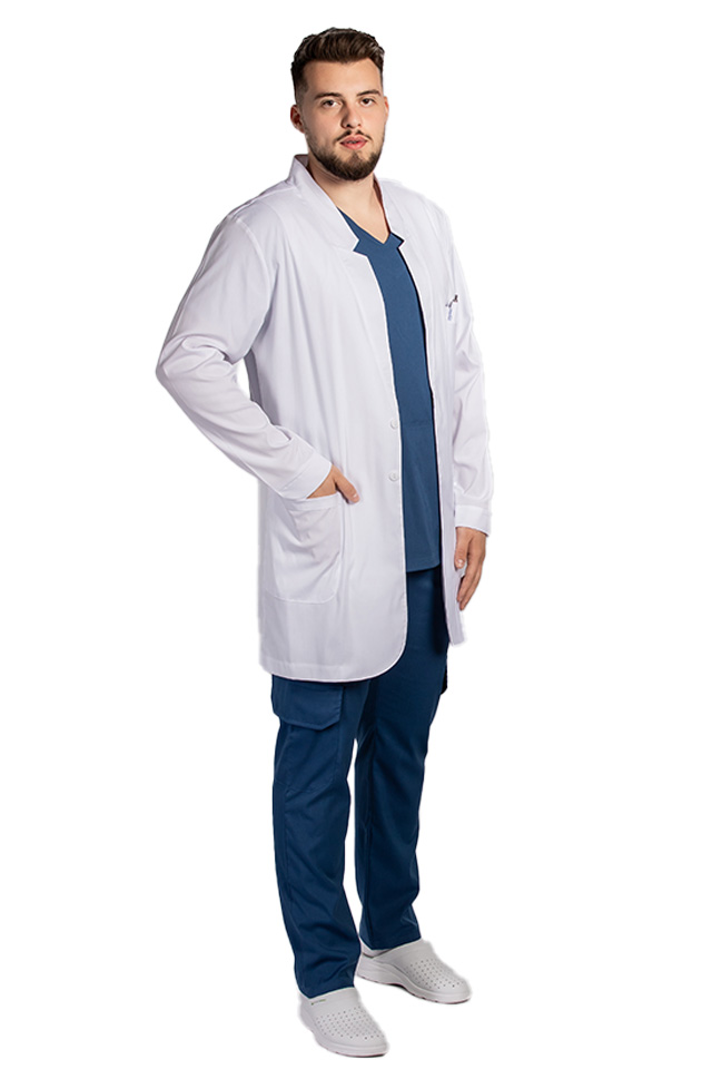 Halat de laborator alb tip sacou,model barbatesc, cu trei buzunare si maneca lunga
