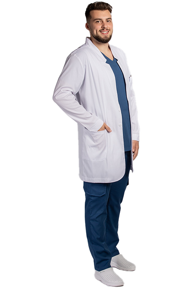 Halat de laborator alb tip sacou,model barbatesc, cu trei buzunare si maneca lunga