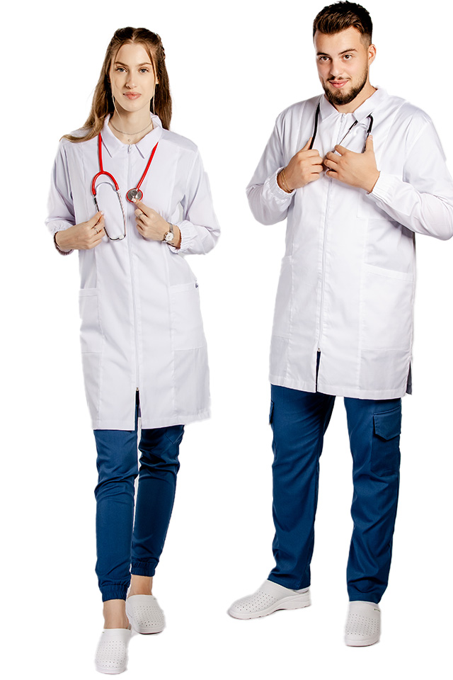 Halat pentru laborator cu fermoar, model dama, cu guler, trei buzunare si maneca lunga