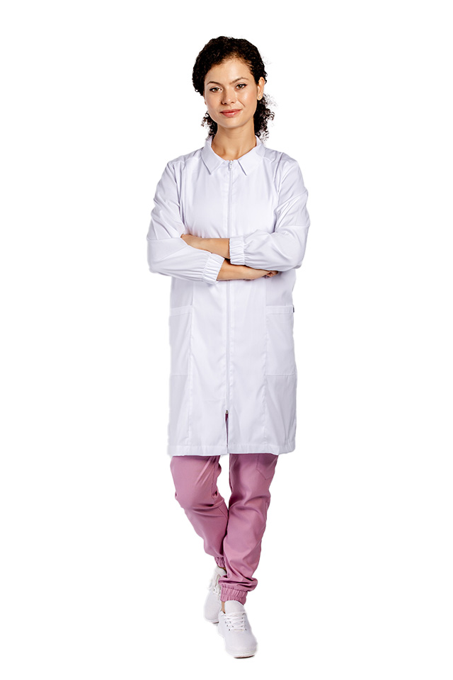 Halat pentru laborator cu fermoar, model dama, cu guler, trei buzunare si maneca lunga