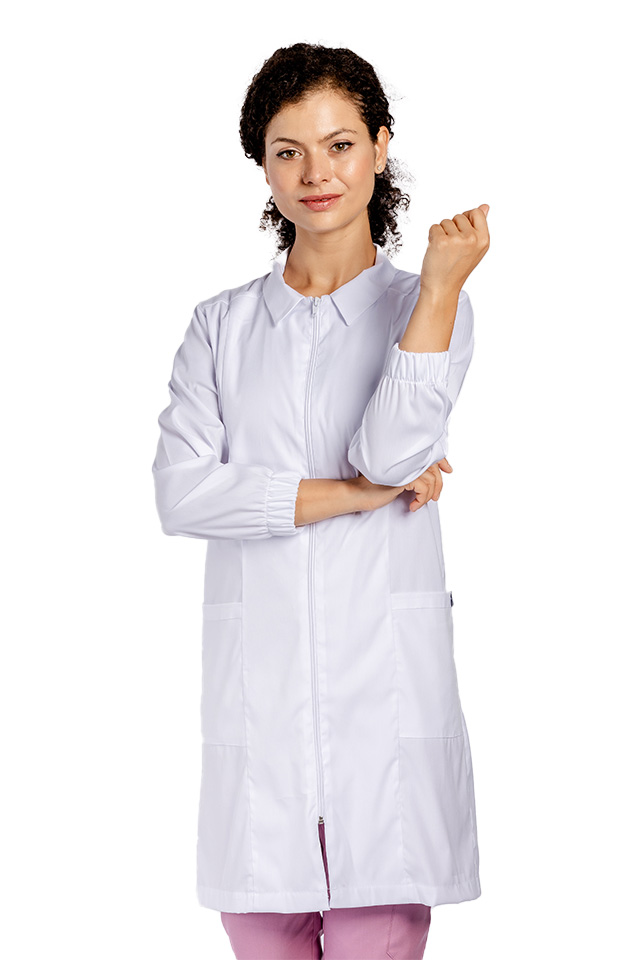 Halat pentru laborator cu fermoar, model dama, cu guler, trei buzunare si maneca lunga