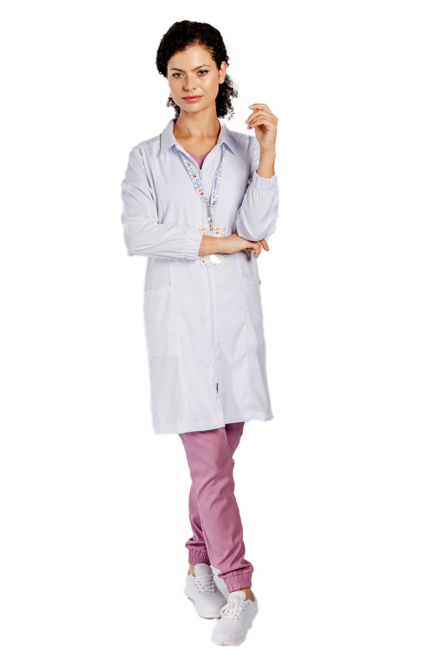 Halat pentru laborator cu fermoar, model dama, cu guler, trei buzunare si maneca lunga