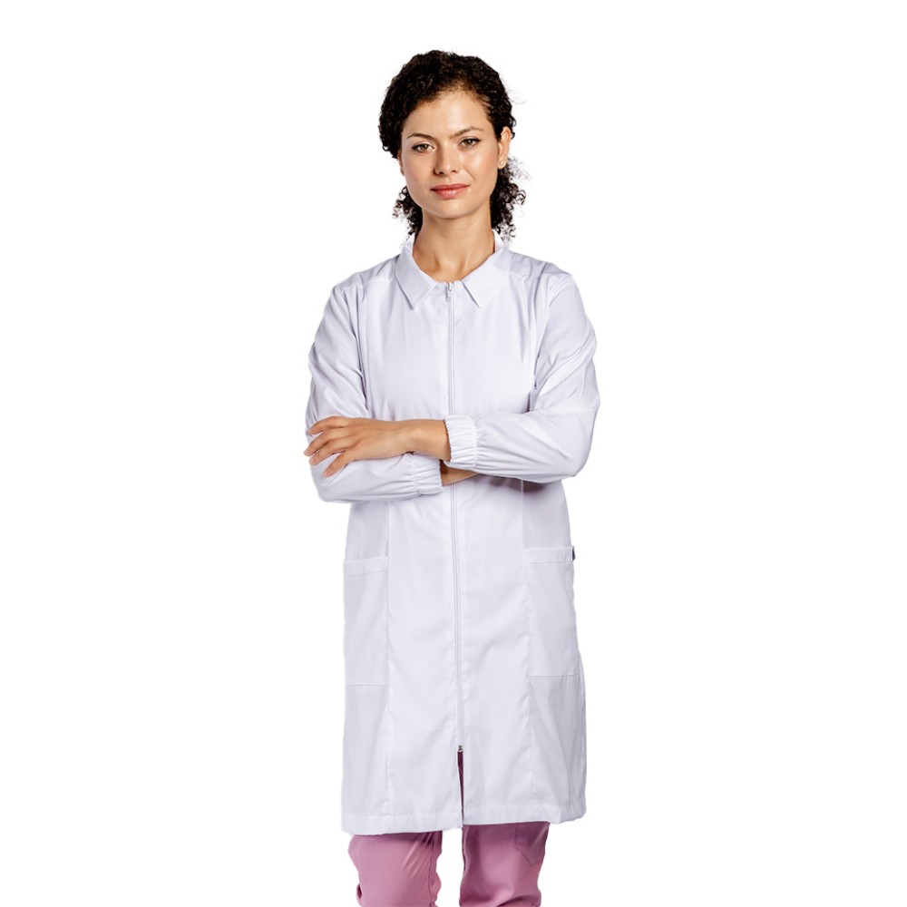 Halat pentru laborator cu fermoar, model dama, cu guler, trei buzunare si maneca lunga
