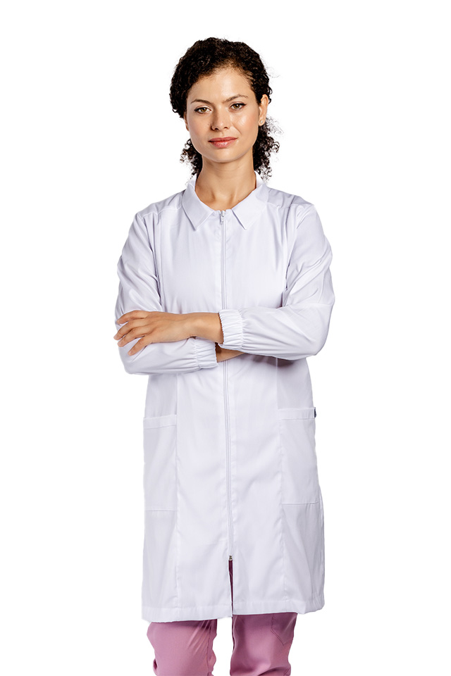 Halat pentru laborator cu fermoar, model dama, cu guler, trei buzunare si maneca lunga