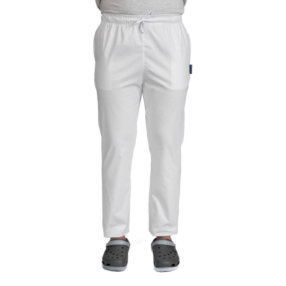 Pantaloni HORECA barbati albi cu elastic si doua buzunare laterale