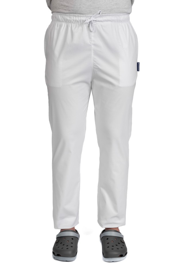 Pantaloni HORECA barbati albi cu elastic si doua buzunare laterale