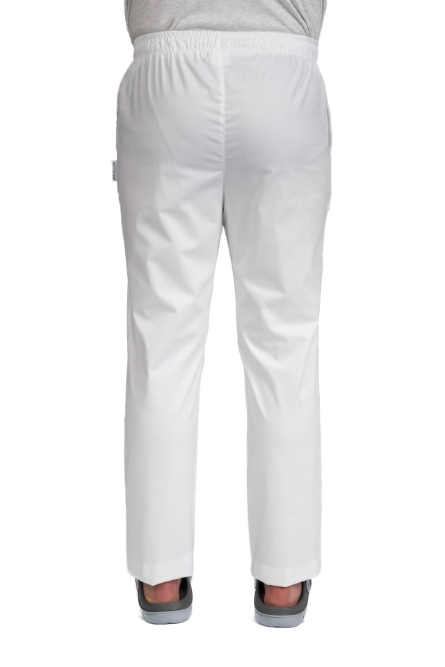 Pantaloni HORECA barbati albi cu elastic si doua buzunare laterale
