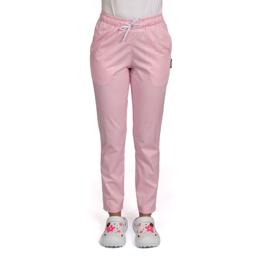 Pantaloni de lucru cu elastan dama roz pal cu snur si elastic, doua buzunare laterale