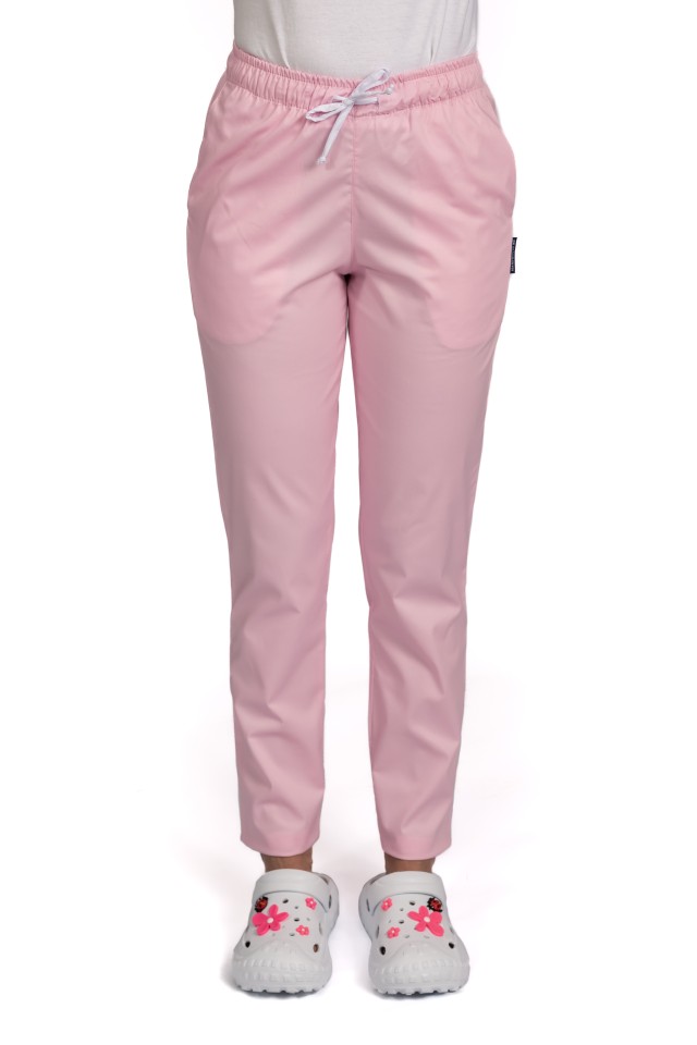 Pantaloni de lucru cu elastan dama roz pal cu snur si elastic, doua buzunare laterale